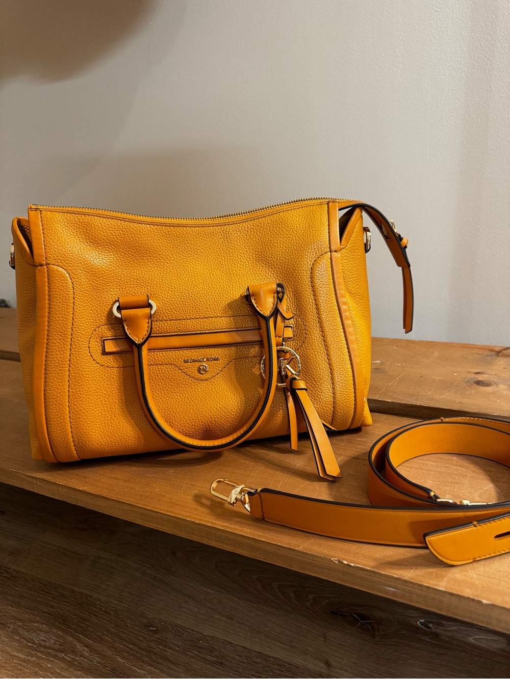 Michael Kors Mustard Pebbled Leather Satchel with Detachable Strap